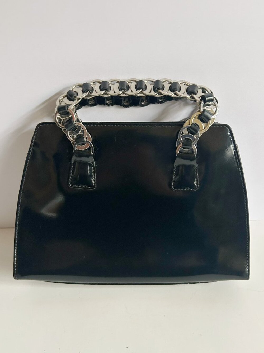 Agnes B. Black Patent Top-Handle Satchel with Silver Chain